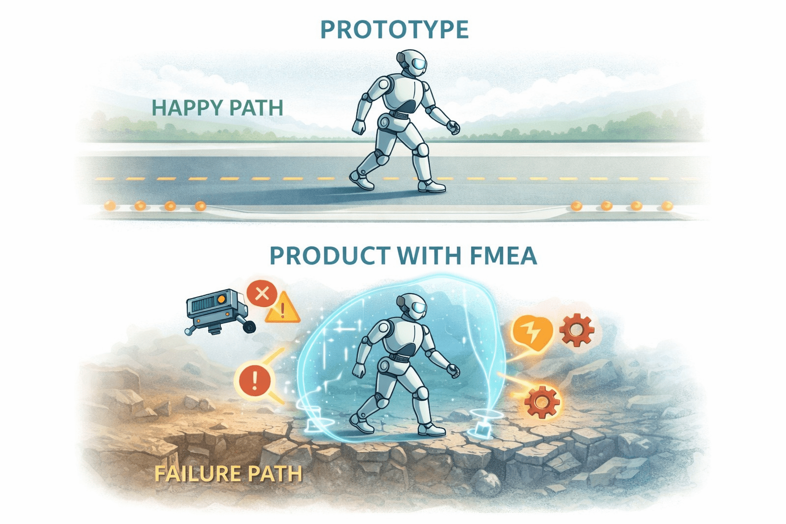 Robot prototype in lab vs robot prototype safeguarded with FMEA